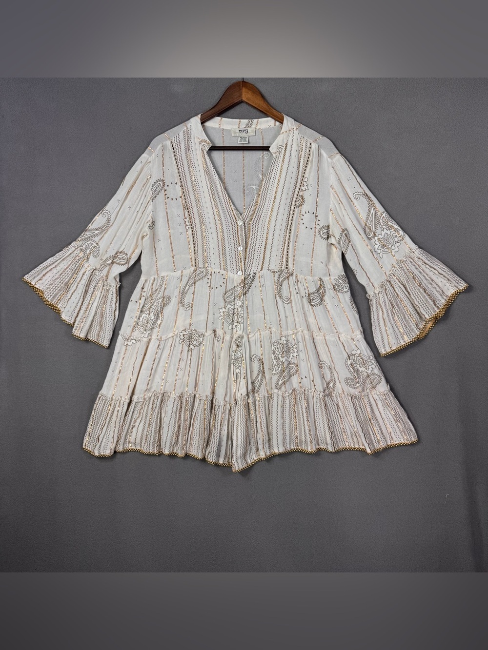 Vintage Boho Embroidered Button Front Tunic Mini Dress, Metallic Strands + Beads